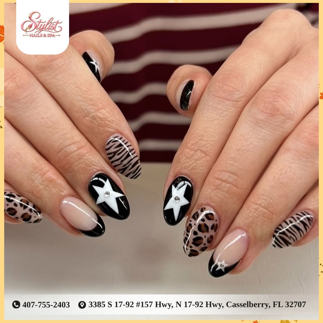 Star, zebra, and leopard print nail art
